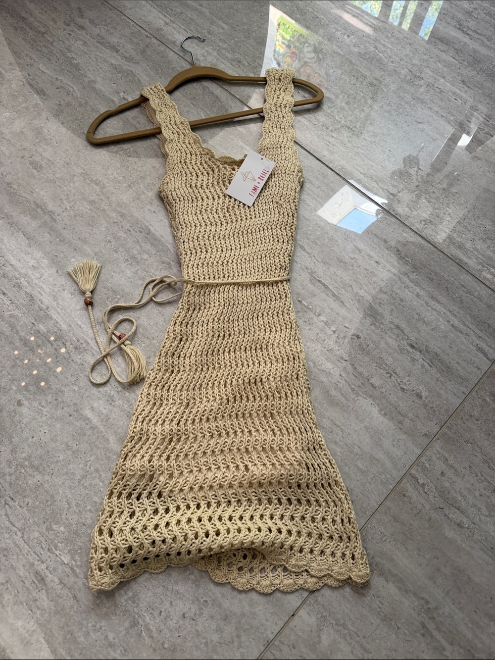 NWT Fame & Rebel Handmade Crochet Cream Tank Dress with Waist Tie
